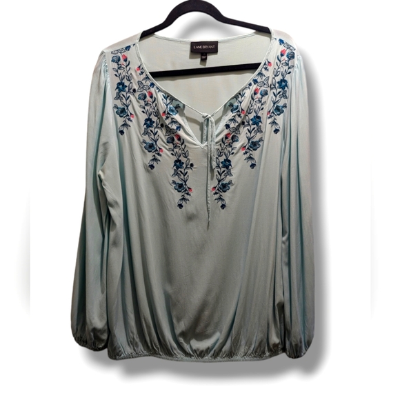 Lane Bryant Pink & Blue Blouse Embroidered Floral Tie Front Balloon Sleeve- 14 - Picture 3 of 14